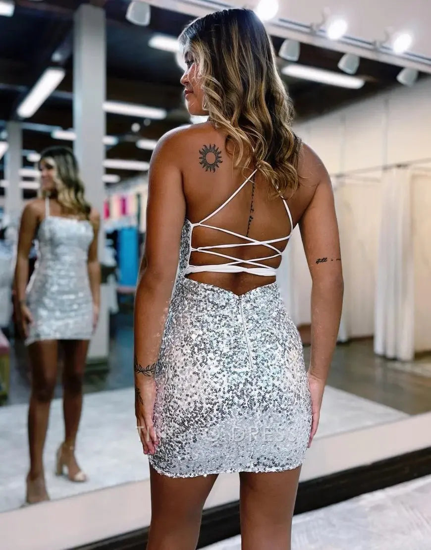 TingPo Wholesale Sparkly Sequin Spaghetti straps Corset Back Tight Homecoming Dress formal wear dresses